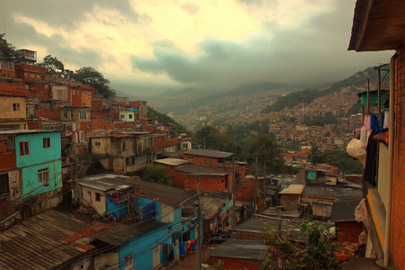 Colorful houses on hillside in a misty urban neighborhoodの素材