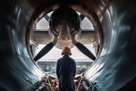 View from inside an aircraft engine during maintenance workの素材