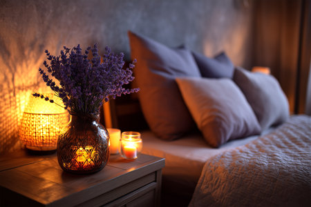 Cozy bedroom with lavender and soft lighting in eveningの素材