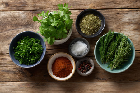 Fresh herbs and spices arranged on wooden table for cookingの素材