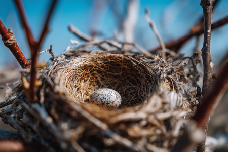 Bird nest with a single speckled egg on a sunny dayの素材