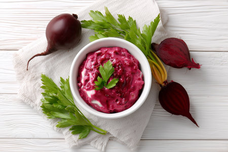 Beetroot salad with fresh herbs and yogurt served in a bowlの素材