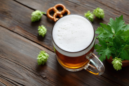 Refreshing lager with pretzel and hops on wooden tableの素材