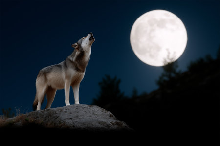 Wolf howling under a full moon in a dark forest at nightの素材