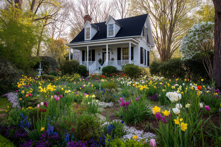 Spring blooms surround a charming house with a white porchの素材
