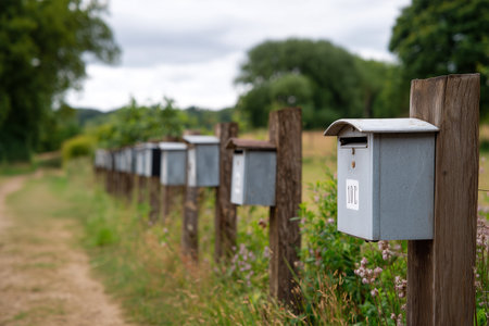 Mailboxes line a rural pathway beside green fields and treesの素材