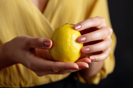 Woman holds a fresh lemon in her hands against a dark backgroundの素材