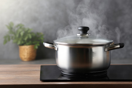 Cooking steam rises from a pot on the stove in the kitchenの素材
