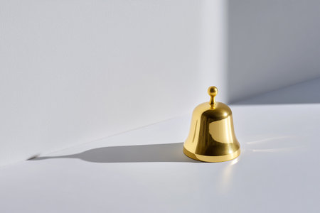 Shiny golden bell casting a shadow on bright surfaceの素材