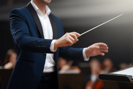 Conductor leads an orchestra during a live music performanceの素材