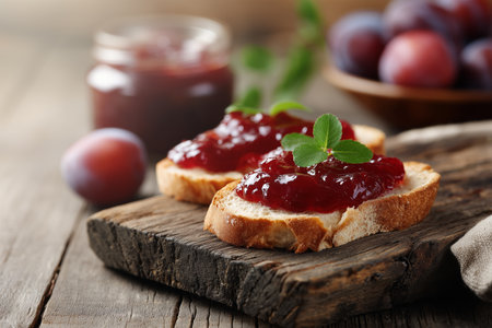 Fresh bread topped with homemade plum jam on a wooden tableの素材