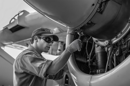 Aircraft technician performing maintenance on engine componentsの素材