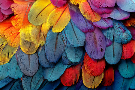 Brightly colored feathers of a tropical bird in sunlightの素材