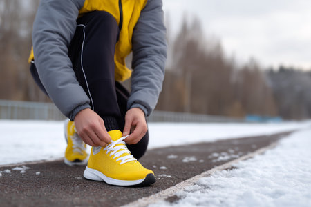 Running on a snowy track while tying bright yellow shoesの素材