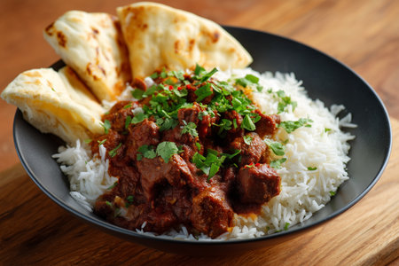 Delicious curry with rice and naan served in a black bowlの素材