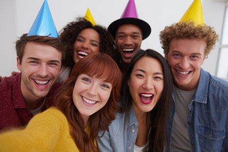 Friends celebrate at a fun party with colorful hats and smilesの素材