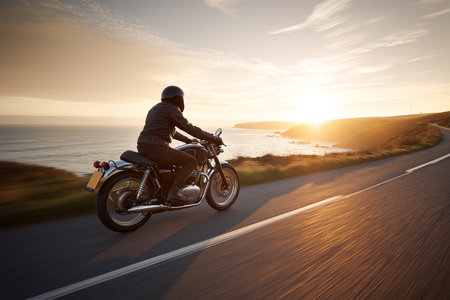 Scenic motorcycle ride along the coast at sunsetの素材