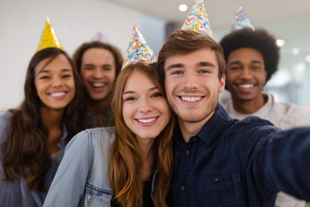 Friends celebrate together at a festive gathering with party hatsの素材