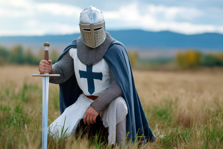 Medieval knight kneeling in a field with sword at sunsetの素材