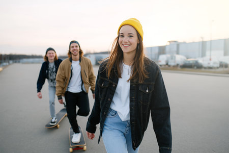 Young people skateboarding at sunset in a spacious areaの素材