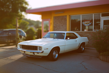 Classic white Camaro parked outside a colorful diner in the eveningの素材