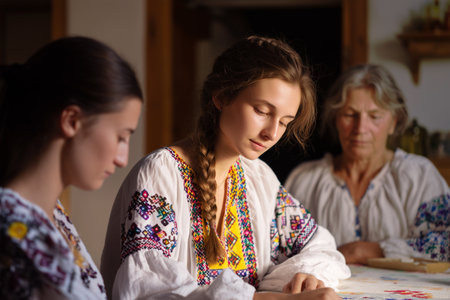 Women engaged in traditional craft work at home in Ukraineの素材