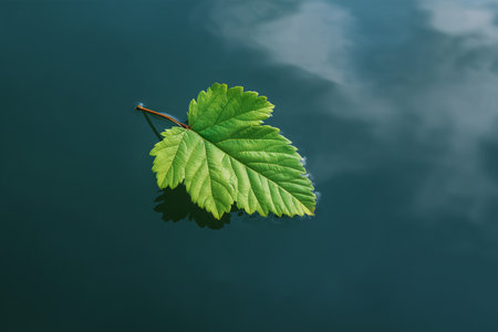 Leaf floating on calm water during a sunny dayの素材