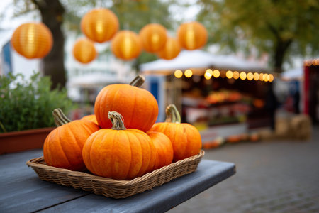 Pumpkins in a basket at a festive autumn marketの素材