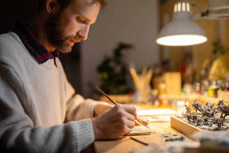 Crafting fine details at a dimly lit workspace in the eveningの素材