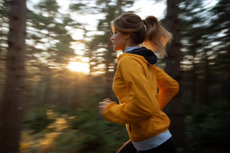 Running through a forest trail during a vibrant sunsetの素材