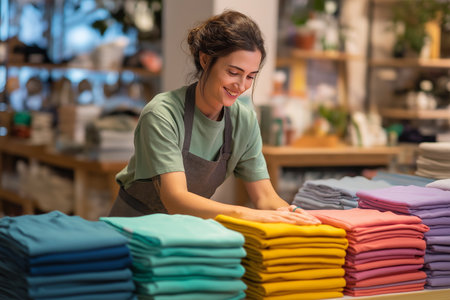 Woman arranging colorful clothes in a retail store settingの素材
