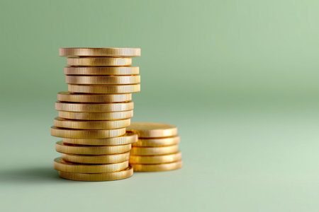 Stacked golden coins on a green backgroundの素材