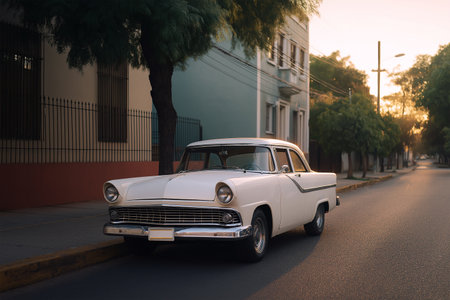 Classic white car parked on a quiet street at sunset in a cityの素材