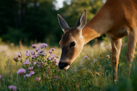 Deer grazing on wildflowers in a serene forest clearingの素材