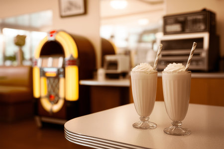 Refreshing milkshakes served in a retro diner settingの素材