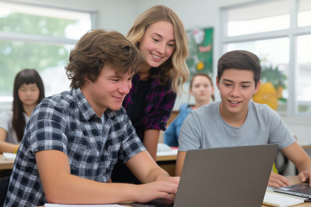 Students collaborating on a school project in the classroomの素材