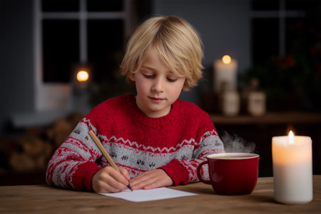 Child writing a letter with hot drink in cozy settingの素材