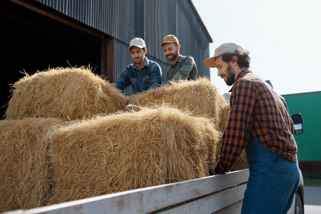 Farm workers loading hay bales onto a truck in sunny weatherの素材