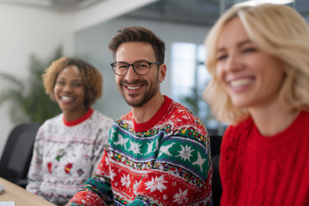 Holiday office gathering with festive sweaters and joyful atmosphereの素材