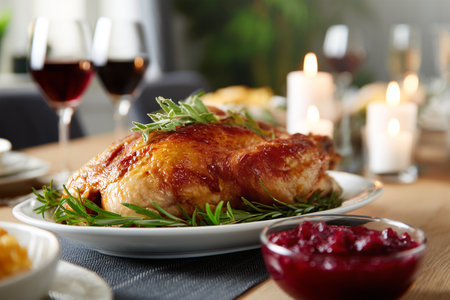 Delicious roasted turkey served with sides and wine at festive dinnerの素材