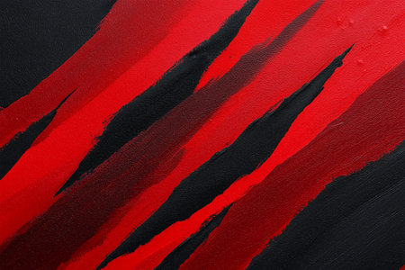 Bold red and black abstract painting with striking line patternsの素材