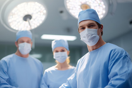 Medical team prepares for surgery in sterile operating roomの素材