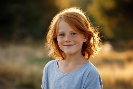 Child with red hair smiles in a sunny outdoor settingの素材