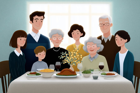 Gathering of family around a dinner table during a joyful celebrationの素材