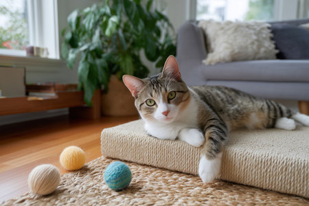 Cat relaxing at home with colorful toys on the floorの素材