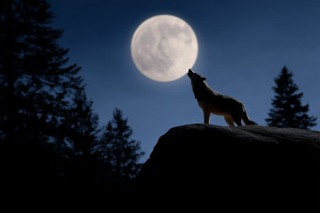Wolf howling at full moon in a dark forest at nightの素材