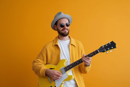 Musician plays yellow guitar against a vibrant orange backgroundの素材