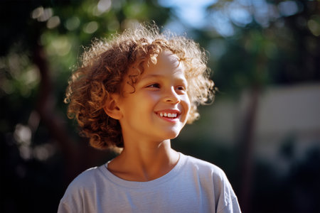 Smiling boy outdoors enjoying a sunny day in the gardenの素材