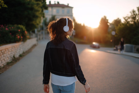 Walking on a quiet street at sunset while listening to musicの素材