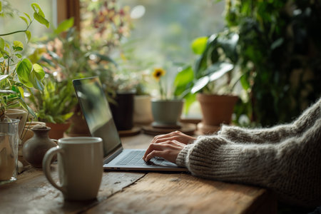 Working at a cozy desk surrounded by green plants in sunlightの素材